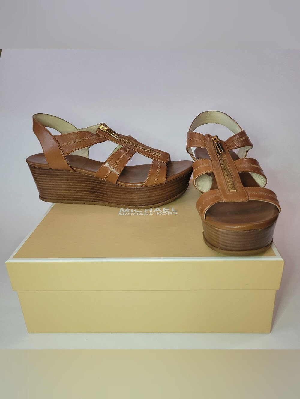 Michael Kors - Tan Leather Zip-Front Platform Wedge Sandals -  Size 10M